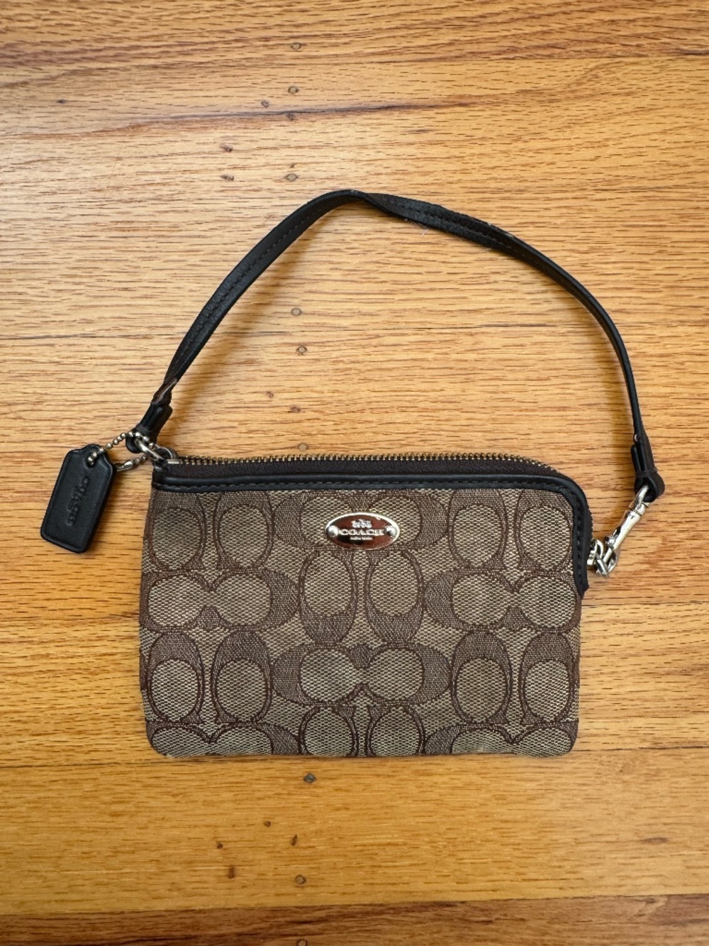 COACH Signature Canvas Corner Zip Wristlet / Small Bag - Brown / Black Trim
